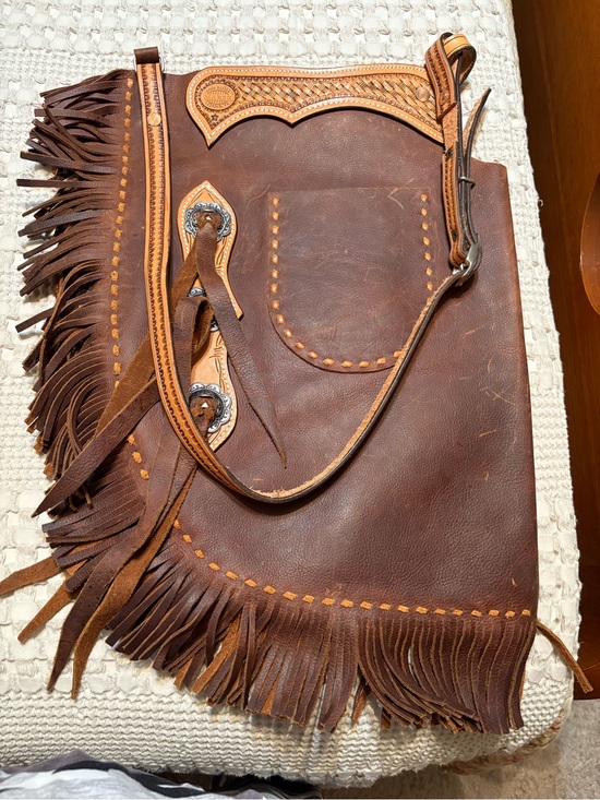 Handbags - Fringed Brown Leather Shoulder Bag with Tooled Trim